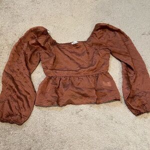 Gilli Brown Smocked Peplum Blouse Long Sleeve